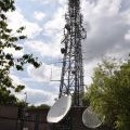 Communications mast and satellite receivers at Olivers Mount