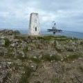 Trig pillar and cable car pylon, summit of the Great Orme